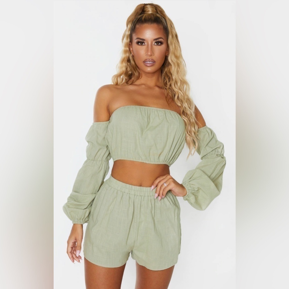 NWT Pretty Little Thing Pale Khaki Linen Look Bardot Puff Sleeve Beach Top